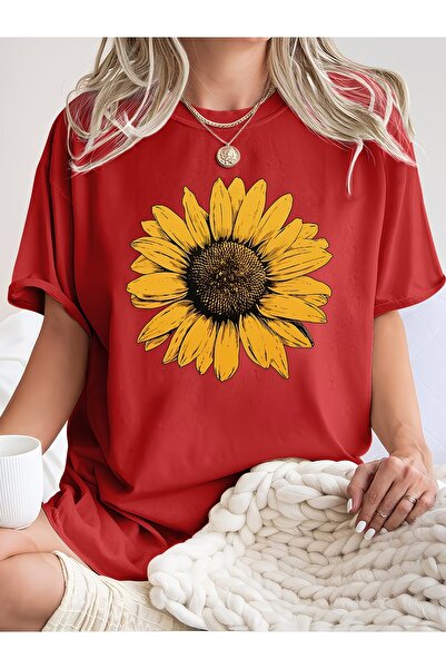 JENOLAN Tricou oversize cu imprimeu floarea-soarelui pentru femei, lejer