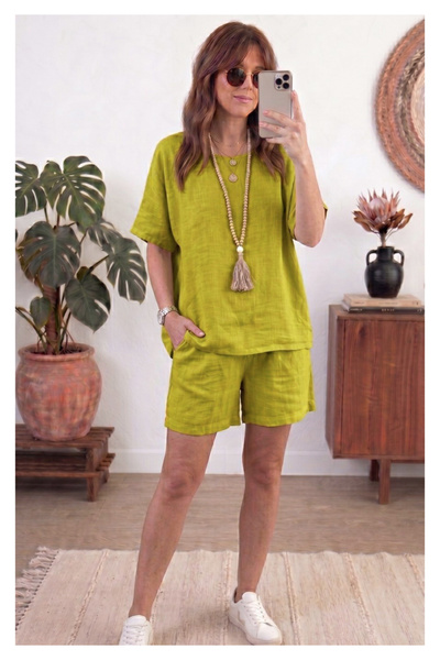 Little Visqon Women's Linen Shorts Set Comfortable Cut Oversize Top and Botto...