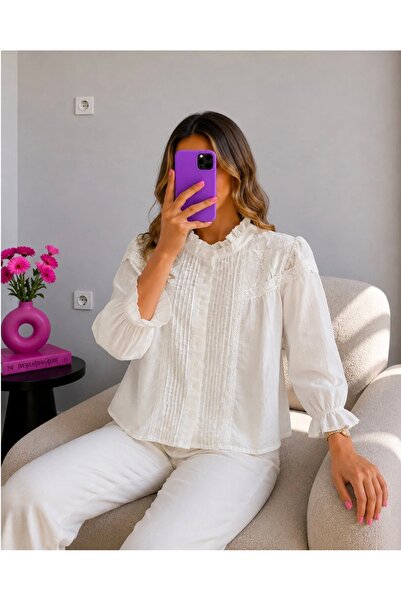 Ekim Store Beyaz Keten Yarım Kol Dantelli Brode Gömlek