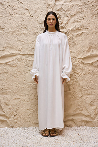 KÜÇÜĞÜM BUTİK White Linen Casual Long Sleeve Dress