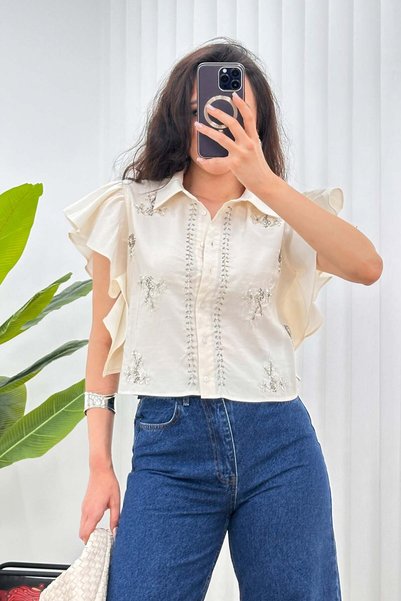 Hipo Trend Beige Shirt with Bead Embroidered Sleeves and Ruffle Detail