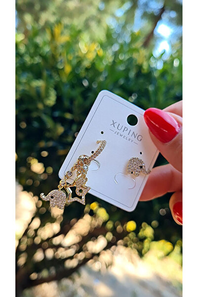 XUPING JEWELRY 14K Altın Rengi Asimetrik Yıldız ve Fil Figürlü Küpe