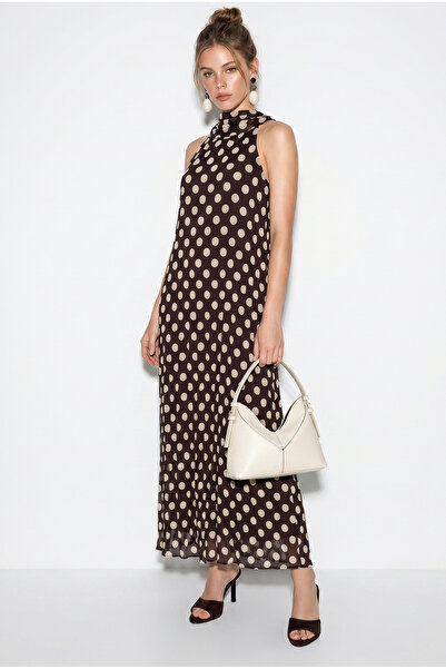 Bianco Lucci Women's Halter Neck Polka Dot Lined Crush Chiffon Long Dress De2...