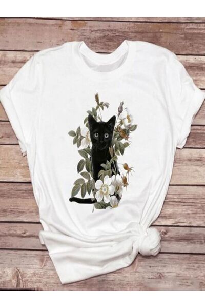 COZYWEAR Black Cat and Floral Printed Oversize T-Shirt