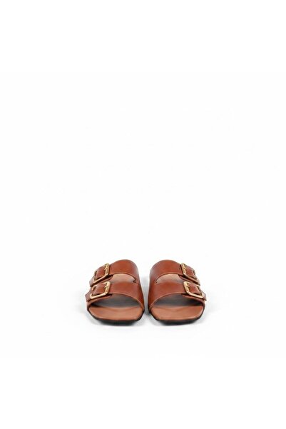 NE&VE SHOES شبشب نسائي من الجلد باللون البني الفاتح مع مشبكين ومقدمة مربعة