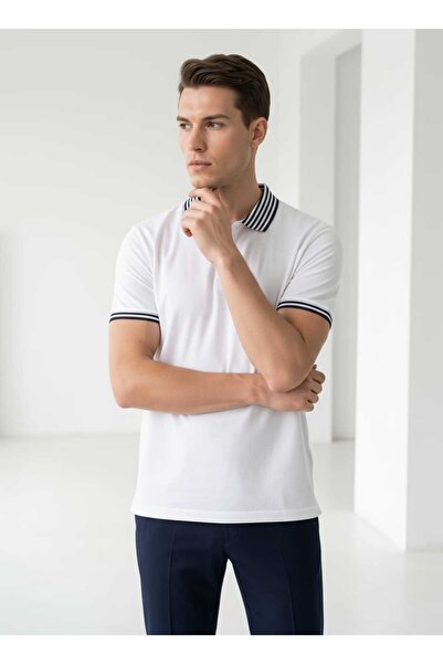 Giyim Dünyası Men's Collar Striped Polo Collar Short Sleeve Tshirt White