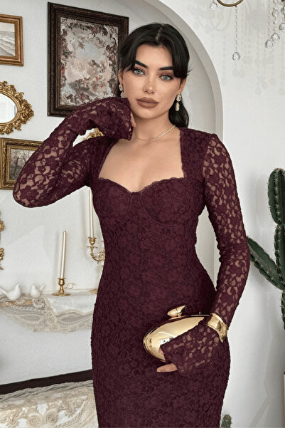 Clothes Fast Rochie de seară lungă cu detalii din dantelă, cu guler pătrat, m...