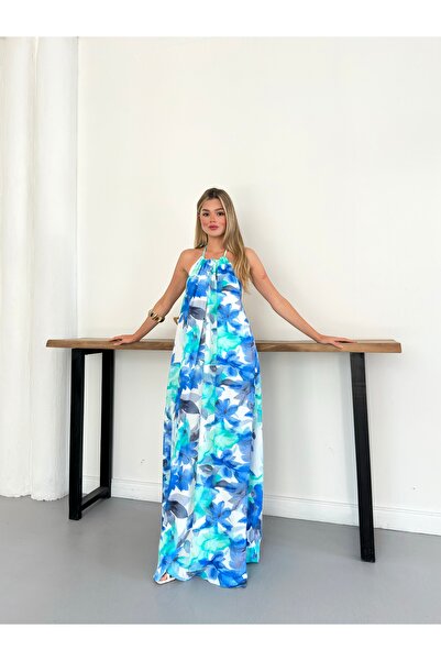 MODAMERSİ Women's Blue Floral Patterned Halter Neck Summer Dress