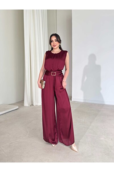 boutiquemery Bordo Bel Toka Detaylı Saten Tulum