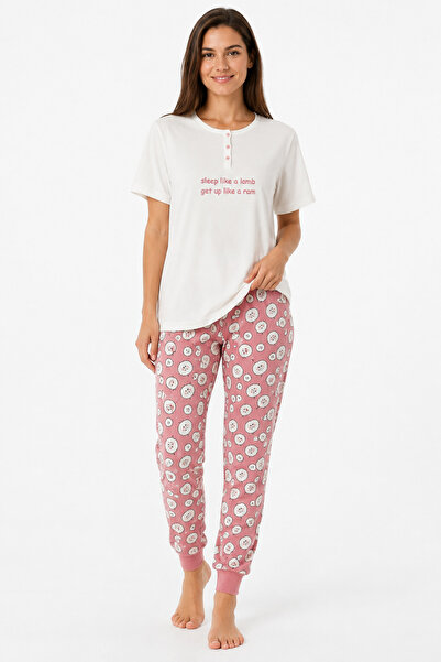 Tusebu Organic Cotton Powder Pink Lamb Patterned Women's Pajama Set
