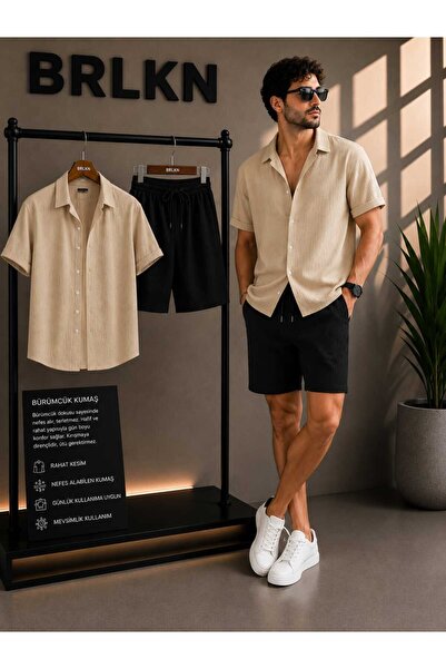 BRLKN Boyfriend Fit Waffle Fabric Alaçatı Style Unisex Wrinkled Short Sleeve ...