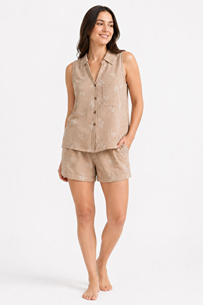 Tusebu Organic Cotton Beige Floral Patterned Sleeveless Shirt Collar Women's ...