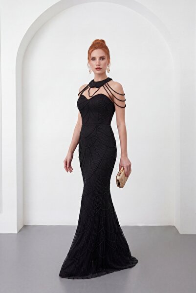 Lafaba Rochie de seară lungă cu guler negru pentru femei
