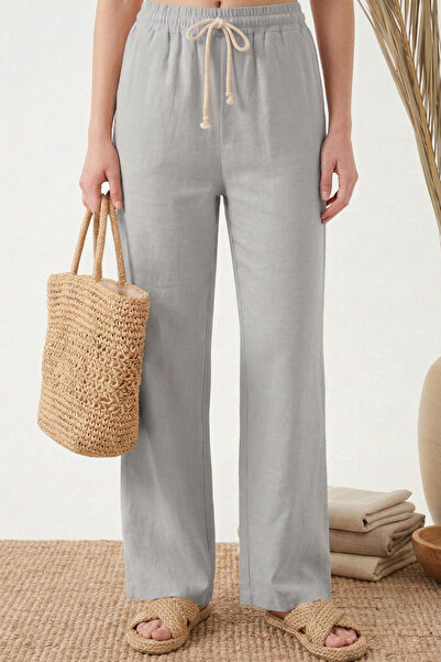 INFLUYENTE Women's Muslin Palazzo Pants - Gray Wide Leg High Waist