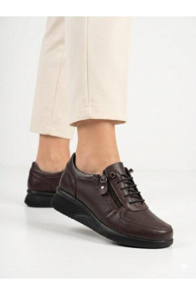 Lütfi Women's Brown Genuine Leather Orthopedic Sole Elastic Casual Shoes