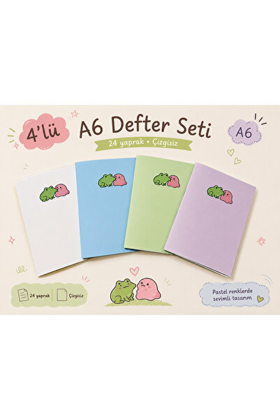 A6 Çizgisiz Defter Seti 4 Adet | Sevimli Kurbağa Tasarımlı Cep Boy Defter 24 Yaprak