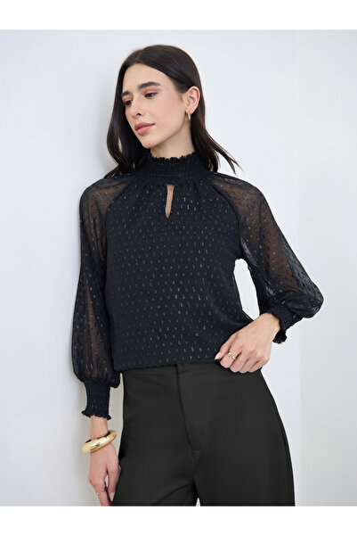 Styli Black Lurex Semi Sheer Sleeve Blouse
