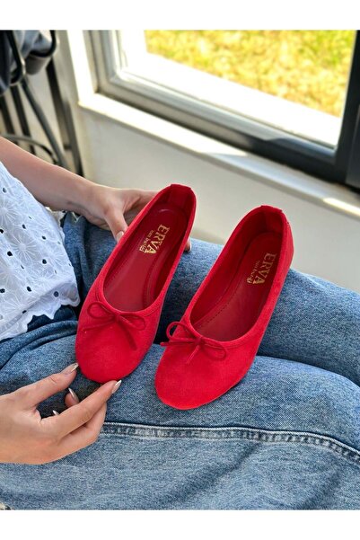ERVANIN BUTİĞİ Red Suede (India) Bow Detail Women's Ballerinas