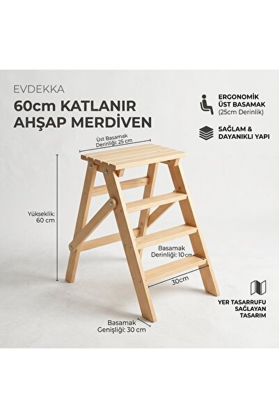 Ev dekka Evdekka 60 cm Katlanır Ahşap Merdiven - 3 Basamaklı Dekoratif Mutfak...