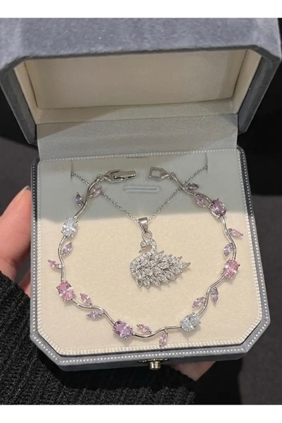 BonteJewelry Beyaz Kuğu Kolye ve Lale Tulip Zirkon Taşlı Bileklik Set