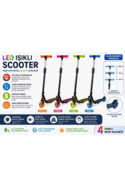 DoruCO LED Işıklı Tekerlekli Ayarlanabilir Çocuk Scooter – Turuncu, Pembe, Ye...