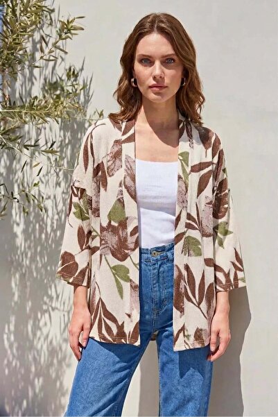 Kadın Yaka Çiçek Desenli Haki Kimono