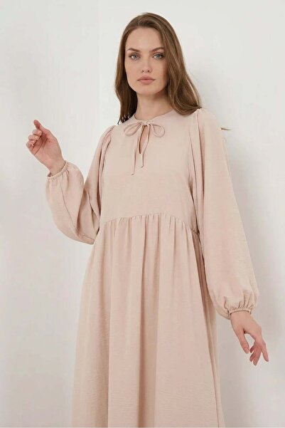 ALFA AKSESUAR 03 Women's Gathered Waist Balloon Sleeve Beige Hijab Dress