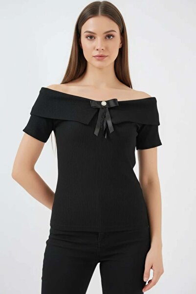 ALFA AKSESUAR 03 Women's Off Shoulder Black Blouse with Ribbon Detail