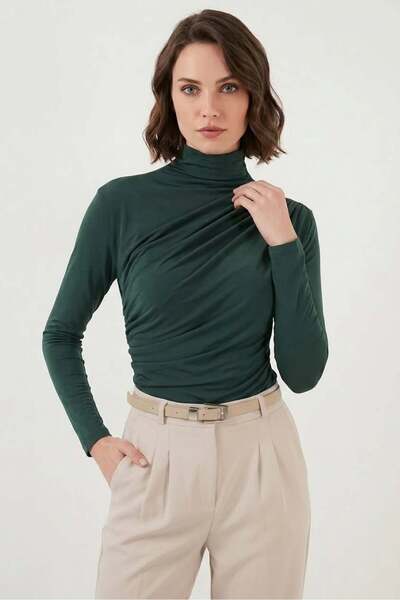 Generic Brand Women's Turtleneck Gathered Detail Emerald Green Blouse