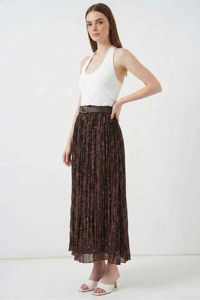 ALFA AKSESUAR 03 Women's Belted Pleated Patterned Brown Skirt