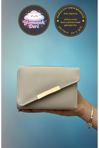 shiny ever Cross-Flap Cream Leather Women's Wallet with Gold Detail