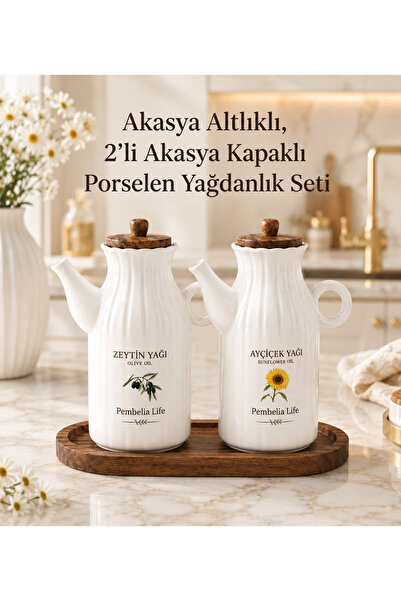 Pembelia Life 2 Adet 1 lt Porselen Yağdanlık Ve Akasya Altlık Seti Yağlık Sir...