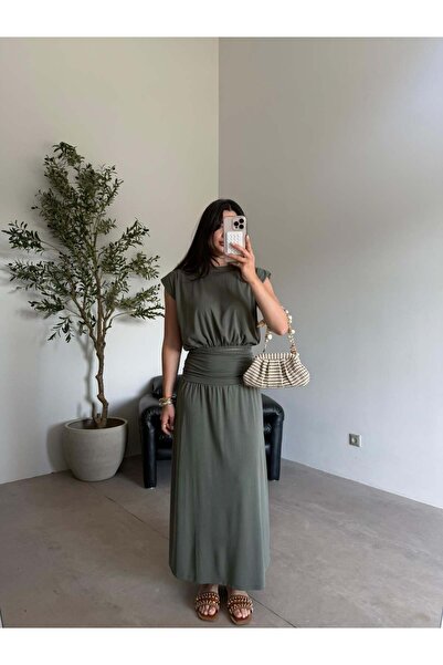 Bade Butik طقم تنورة كاكي مطوي