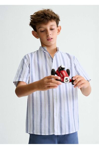 MAYORAL Boy's Judge Collar Striped Short Sleeve Shirt White 6171