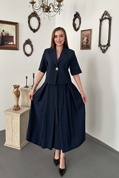 Elbee Fashion Woman طقم سترة قصيرة وتنورة باللون الأزرق الداكن بزر واحد