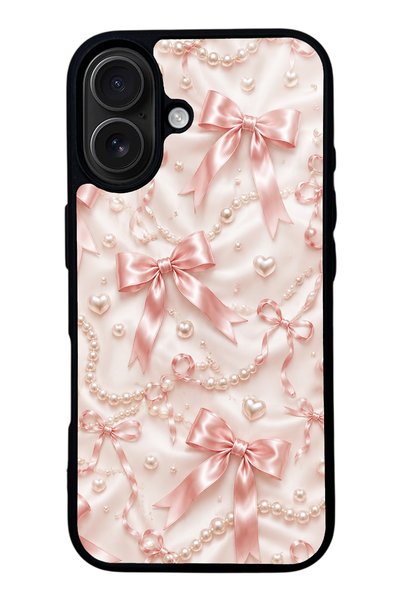 Spoyi iPhone 16 Glossy Phone Case with Blush Pearl Bow Design