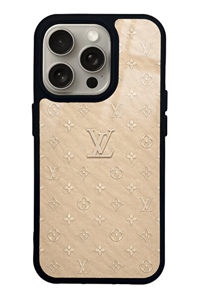 Spoyi iPhone 15 Pro Bej Gold LV Tasarımlı Glossy Telefon Kılıfı