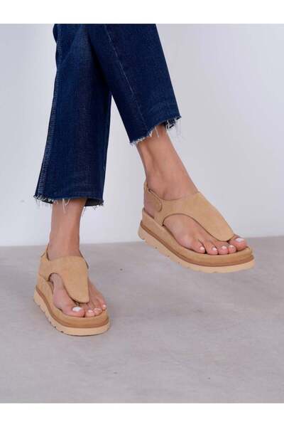 ECENİN BUTİĞİ Poppy Camel Süet Hakiki Deri Kadın Sandalet