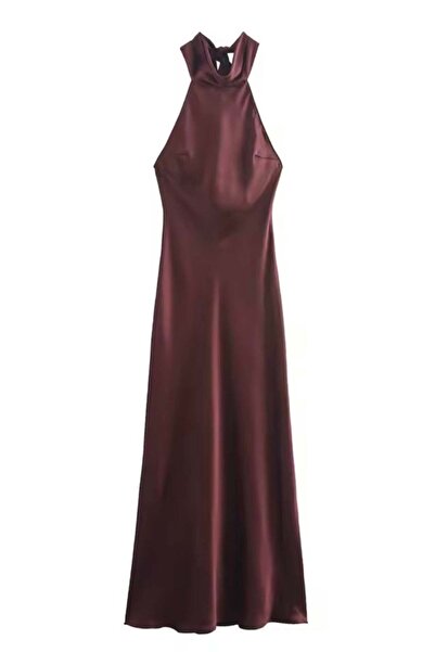 theanemos Halter Yaka Sırt Dekolteli Midi Saten Elbise - Bordo