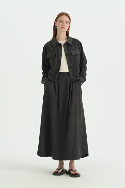 Nihan Button Detailed Pleated Skirt - Black