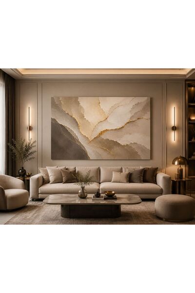 walliva Bej Krem Gold Soyut Dokulu Kanvas Tablo Modern Minimalist Duvar Dekor...