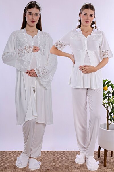 ByLohusa Cotton Maternity Pajama and Dressing Gown Set Effortt - Ecru