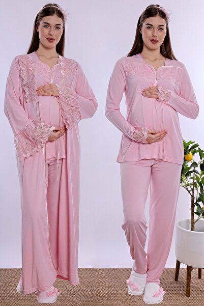 ByLohusa Cotton Long Robe Maternity Nursing Pajama Set Effortt - Pink