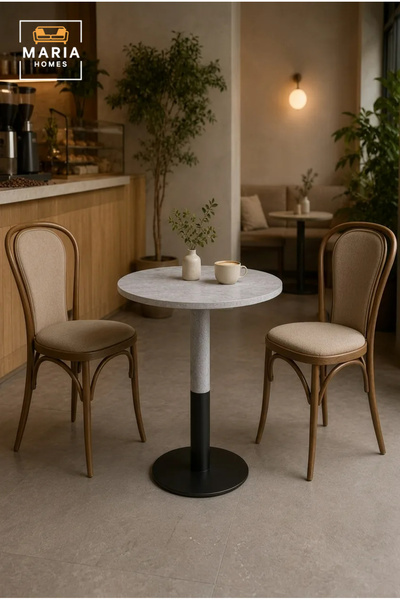 MARIA HOMES Modern Round Café Table with Marble-Look Top and Metal Pedestal Base