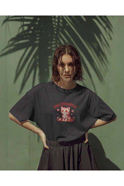 buzagi tasarım ürünleri Rage Consumes Me Unisex Oversize Black T-Shirt