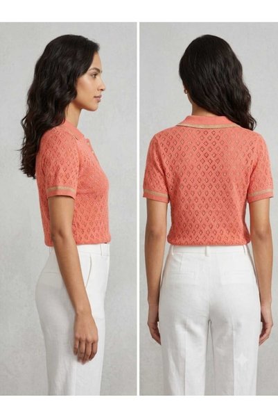 EGEMS Women's Short-Sleeved Summer Perforated Shiny Stylish Acrylic Shirt Collar Buttoned T-Shirt