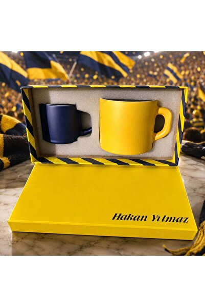 Bk Gift Kişiye Özel İsimli Kutulu Sarı Lacivert Taraftar Renkleri Temalı İkili Seramik Kupa&Fincan Seti