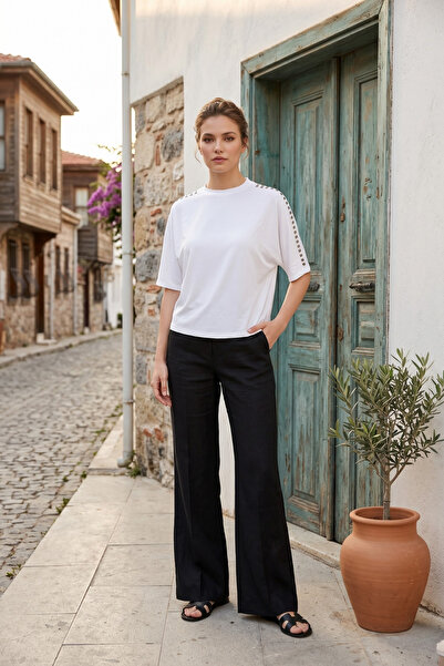 royal prime Women's Short Sleeve Blouse with Staple Detail on the Shoulder
