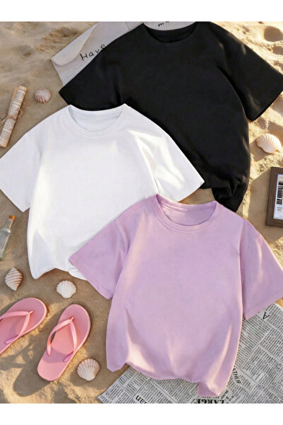 Namidesa 3'lü Paket Siyah Beyaz Pembe Bisiklet Yaka Basic Tişört
