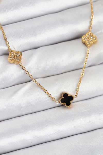 shopwave 316L Steel Chain Gold Rk Black Zircon Stone Baby Boy Clover Women's ...